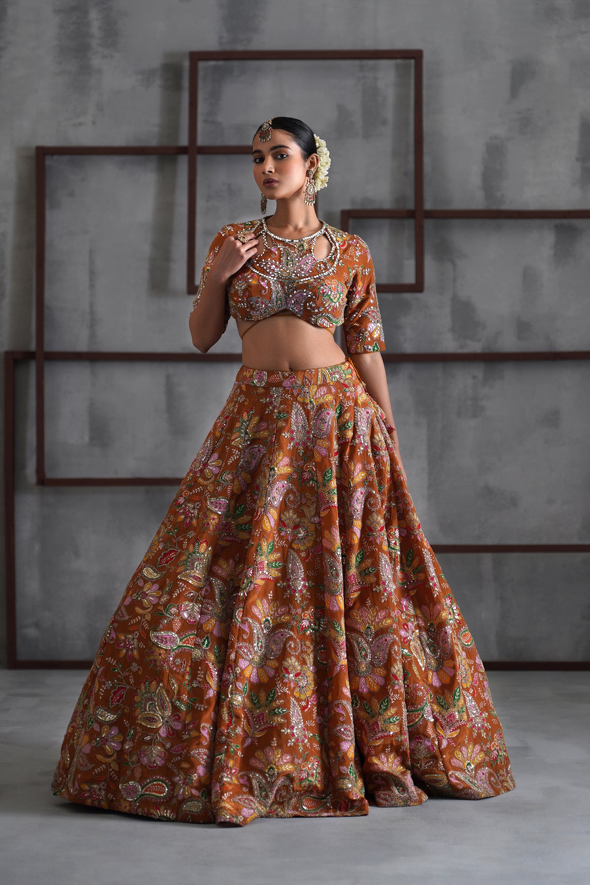 Mustard Printed Blouse, Lehenga And Dupatta