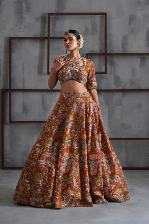 Mustard Printed Blouse, Lehenga And Dupatta