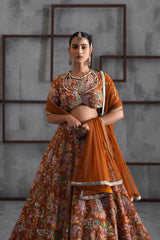 Mustard Printed Blouse, Lehenga And Dupatta