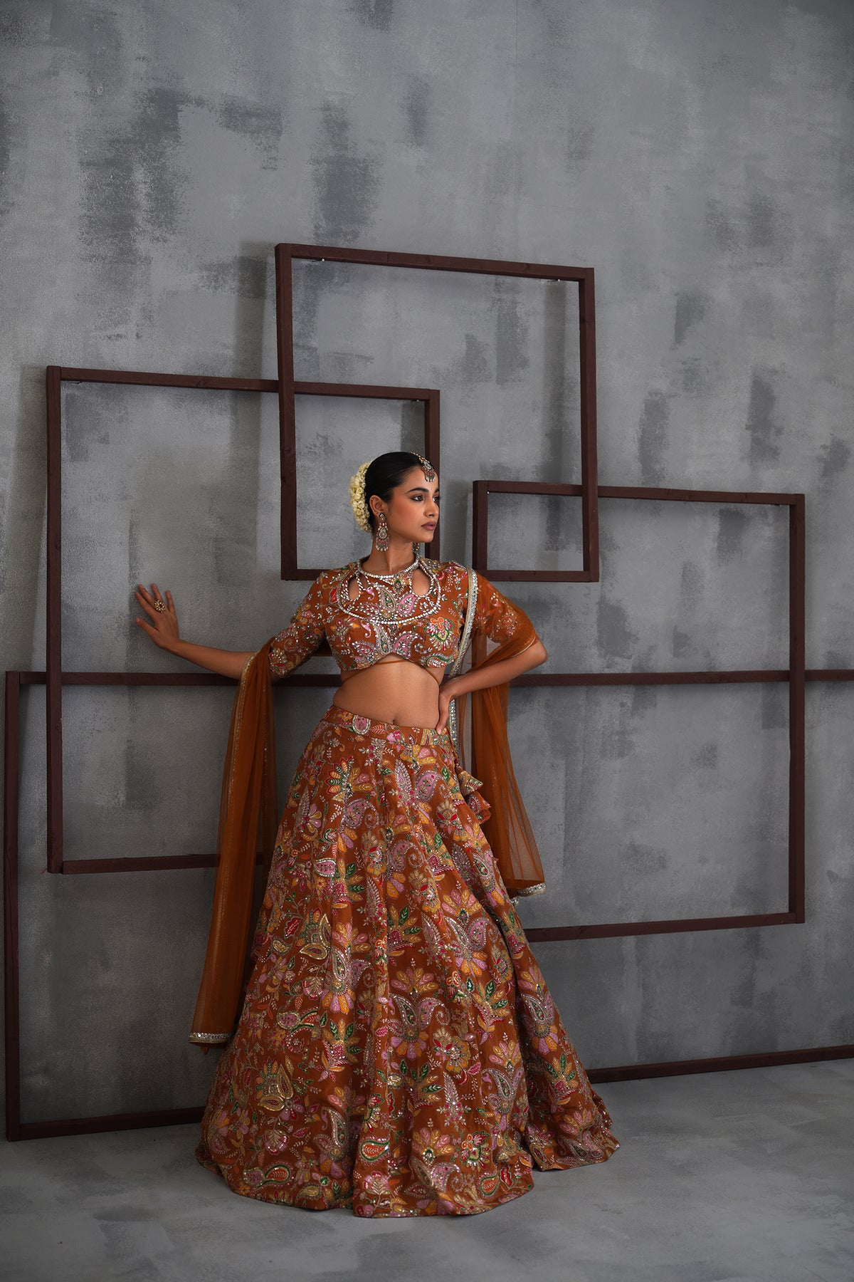 Mustard Printed Blouse, Lehenga And Dupatta