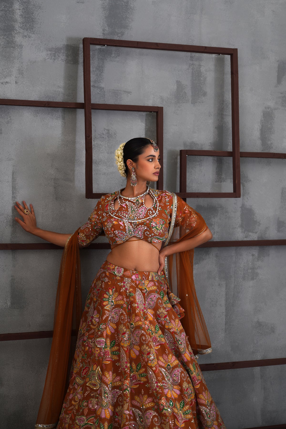 Mustard Printed Blouse, Lehenga And Dupatta