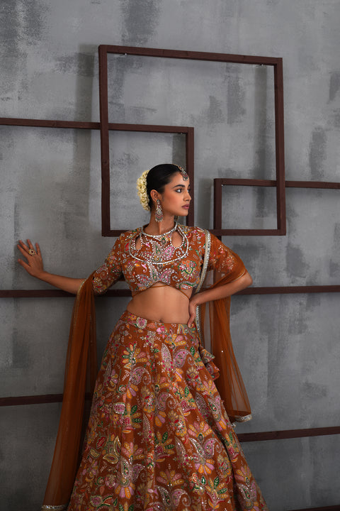 Mustard Printed Blouse, Lehenga And Dupatta