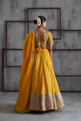 Yellow Embroidered Blouse, Lehenga And Dupatta