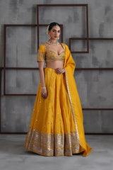 Yellow Embroidered Blouse, Lehenga And Dupatta