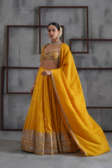 Yellow Embroidered Blouse, Lehenga And Dupatta