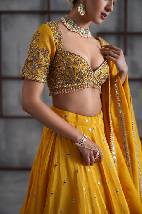 Yellow Embroidered Blouse, Lehenga And Dupatta