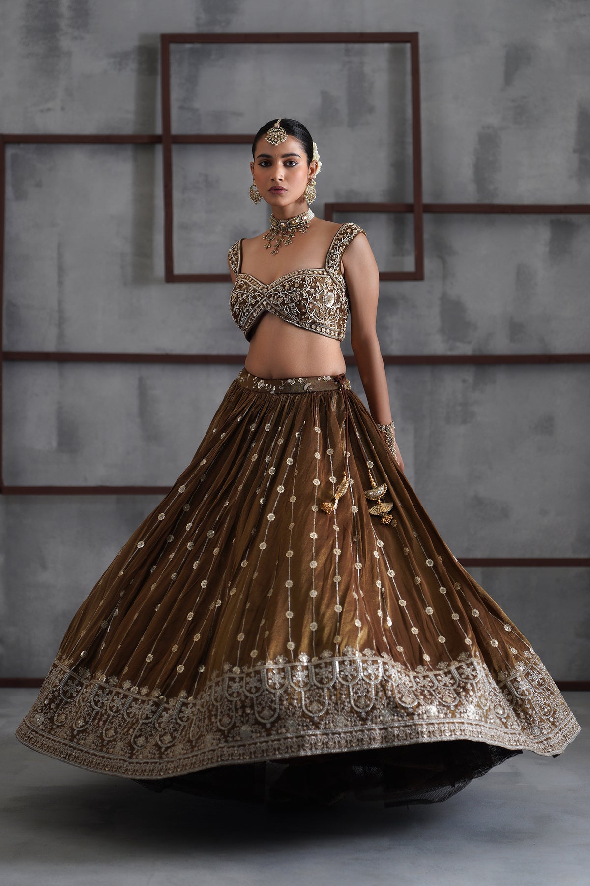Brown Embroidered Blouse, Lehenga And Dupatta