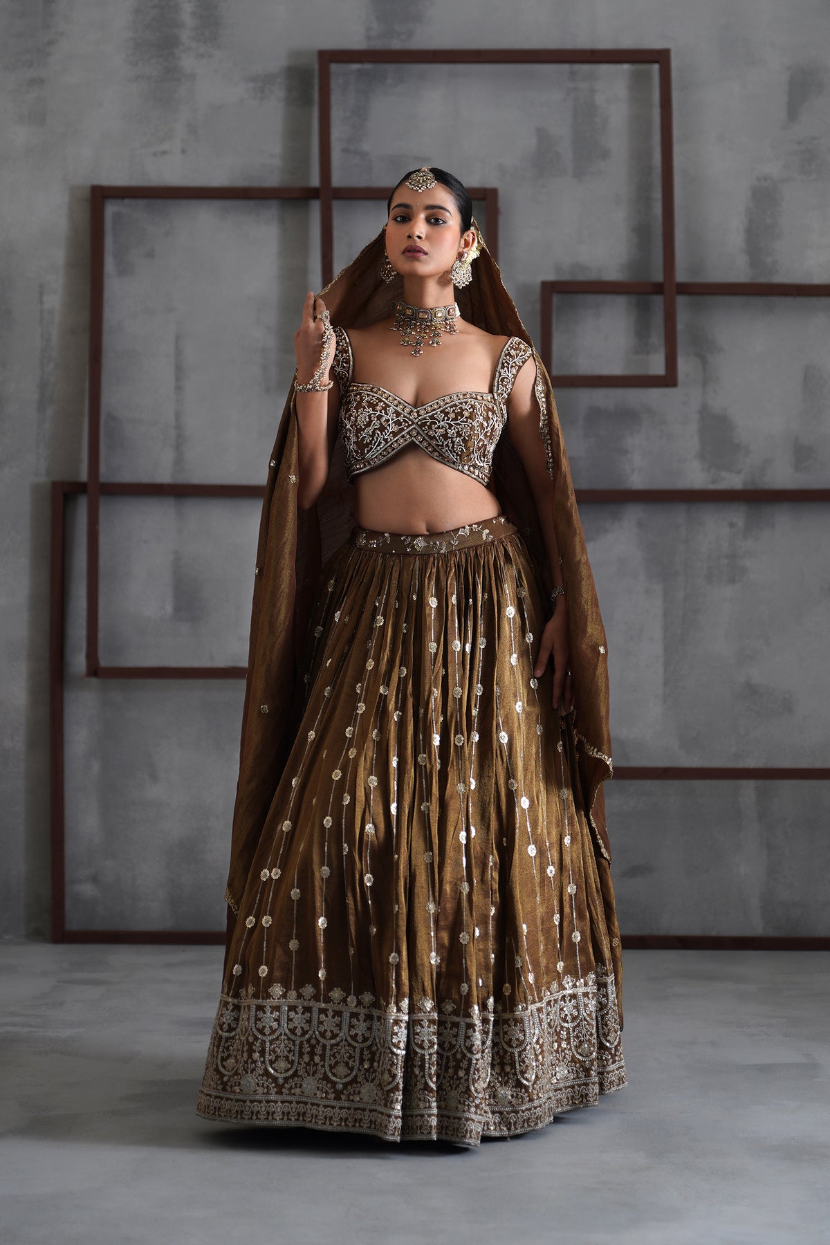 Brown Embroidered Blouse, Lehenga And Dupatta