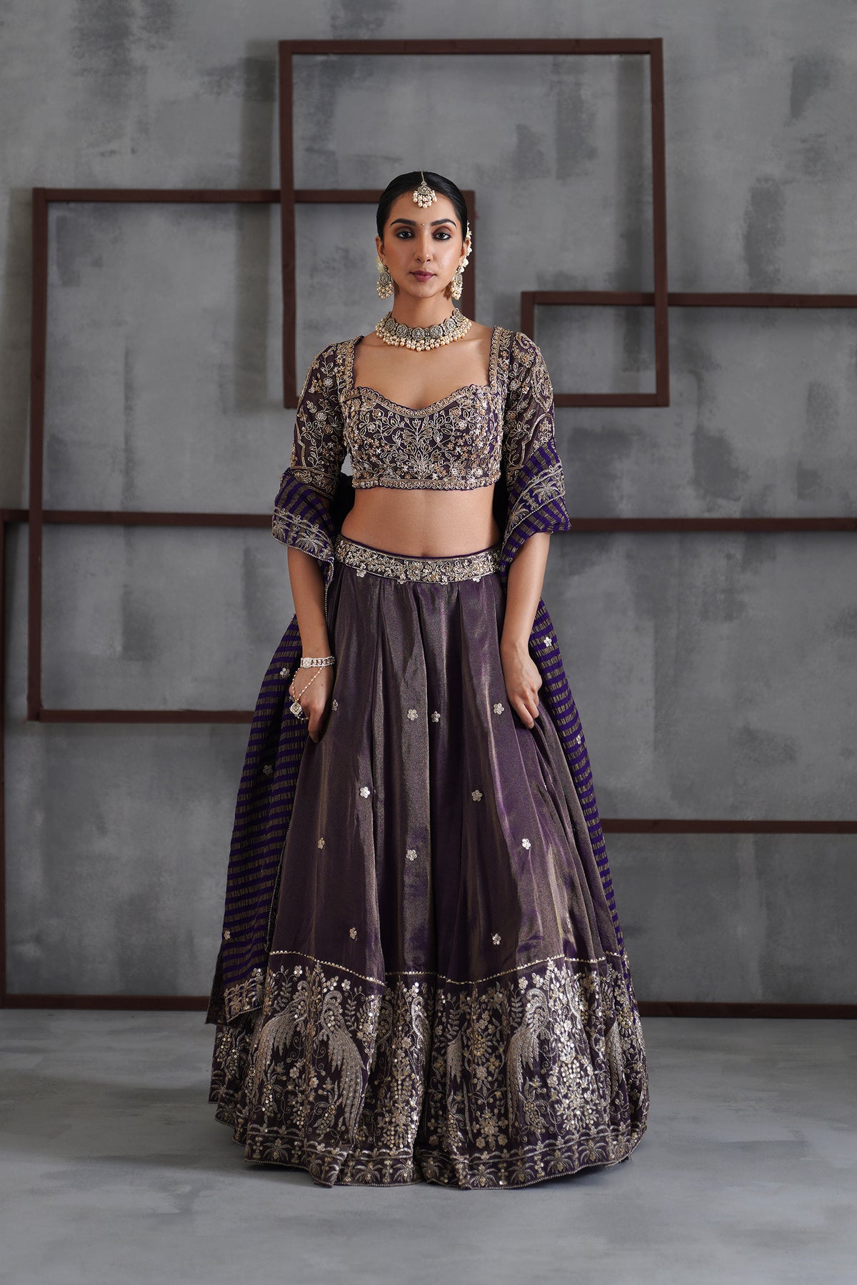 Purple Tissue Embroidered Blouse, Lehenga And Dupatta