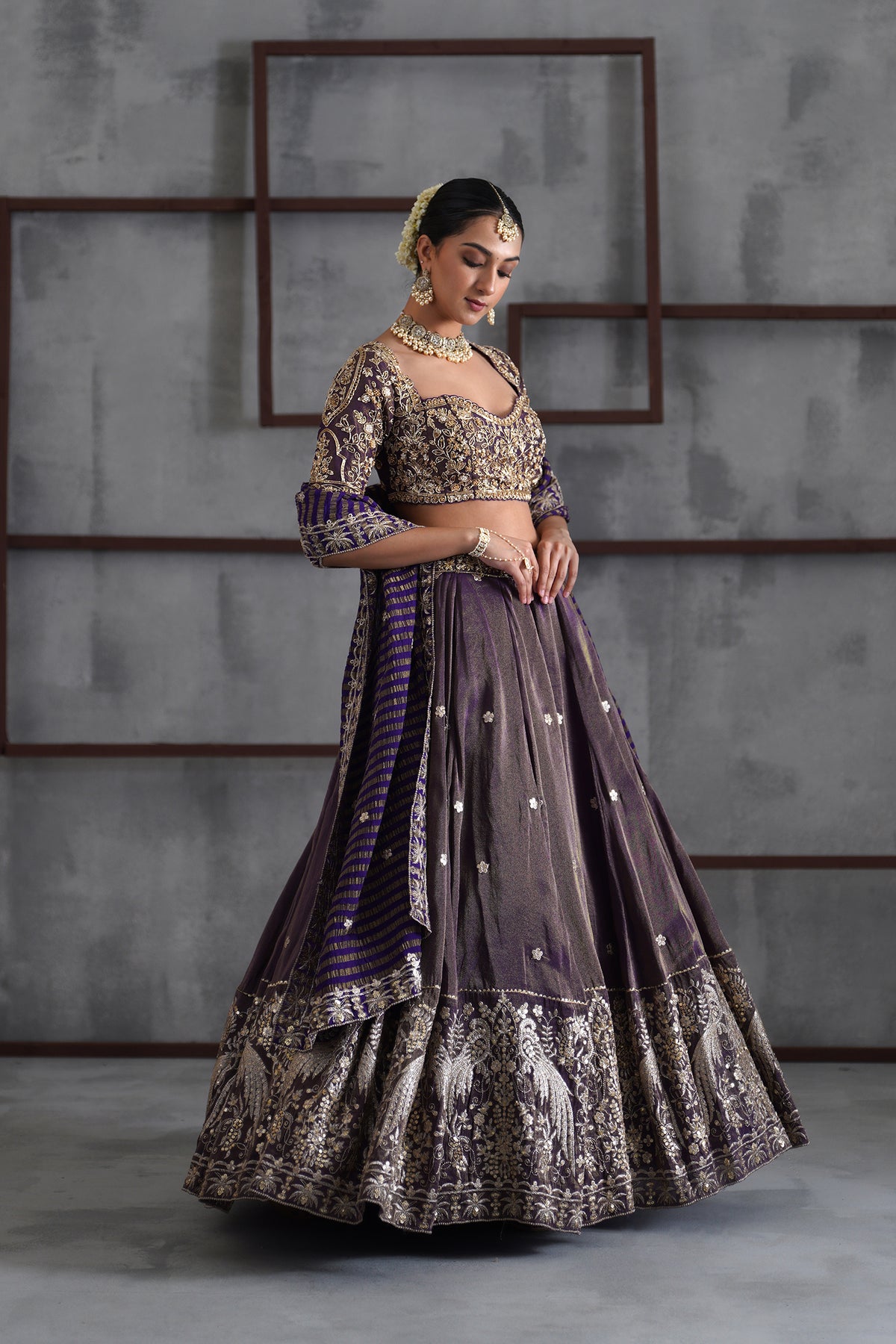 Purple Tissue Embroidered Blouse, Lehenga And Dupatta