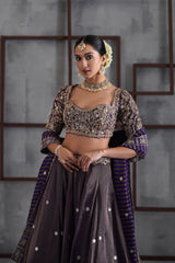Purple Tissue Embroidered Blouse, Lehenga And Dupatta