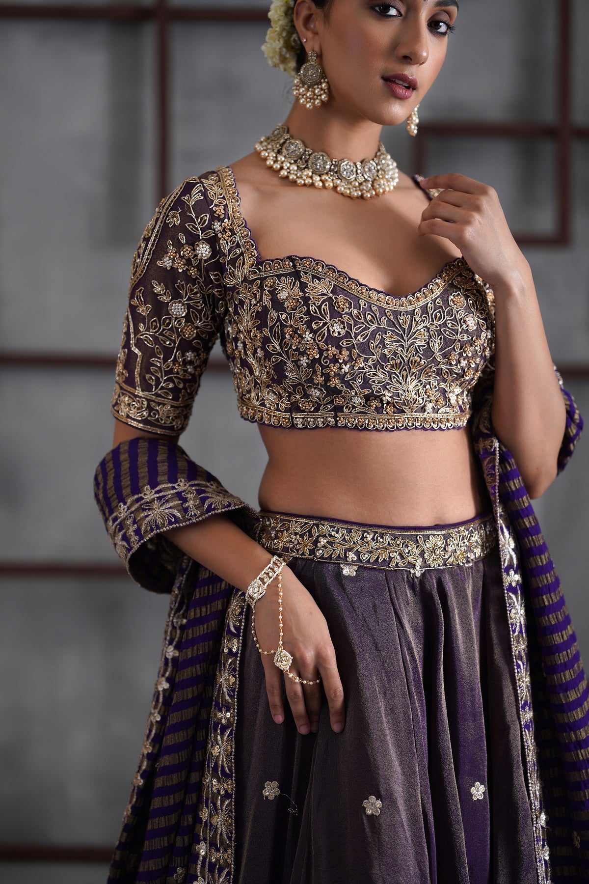 Purple Tissue Embroidered Blouse, Lehenga And Dupatta