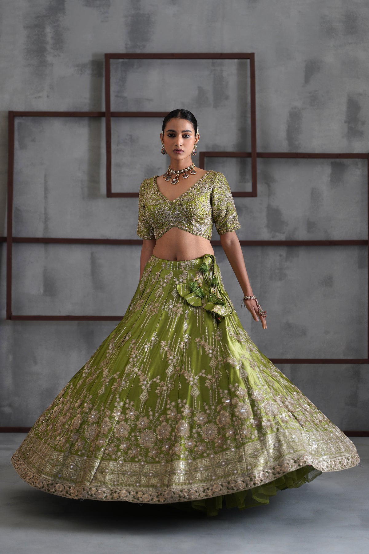 Green Emboidered Blouse, Lehenga And Dupatta
