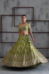 Green Emboidered Blouse, Lehenga And Dupatta