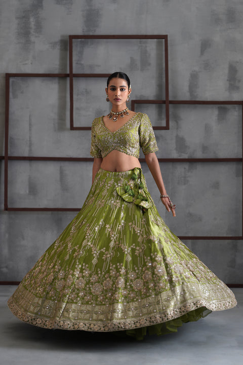 Green Emboidered Blouse, Lehenga And Dupatta