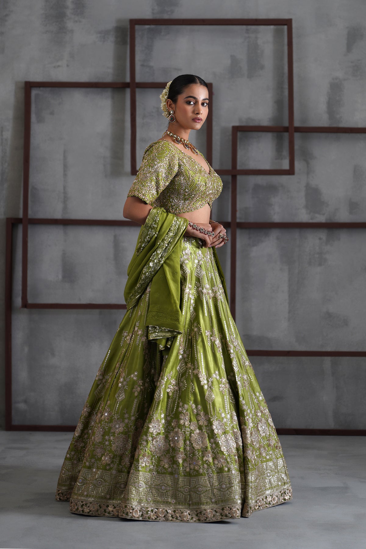 Green Emboidered Blouse, Lehenga And Dupatta