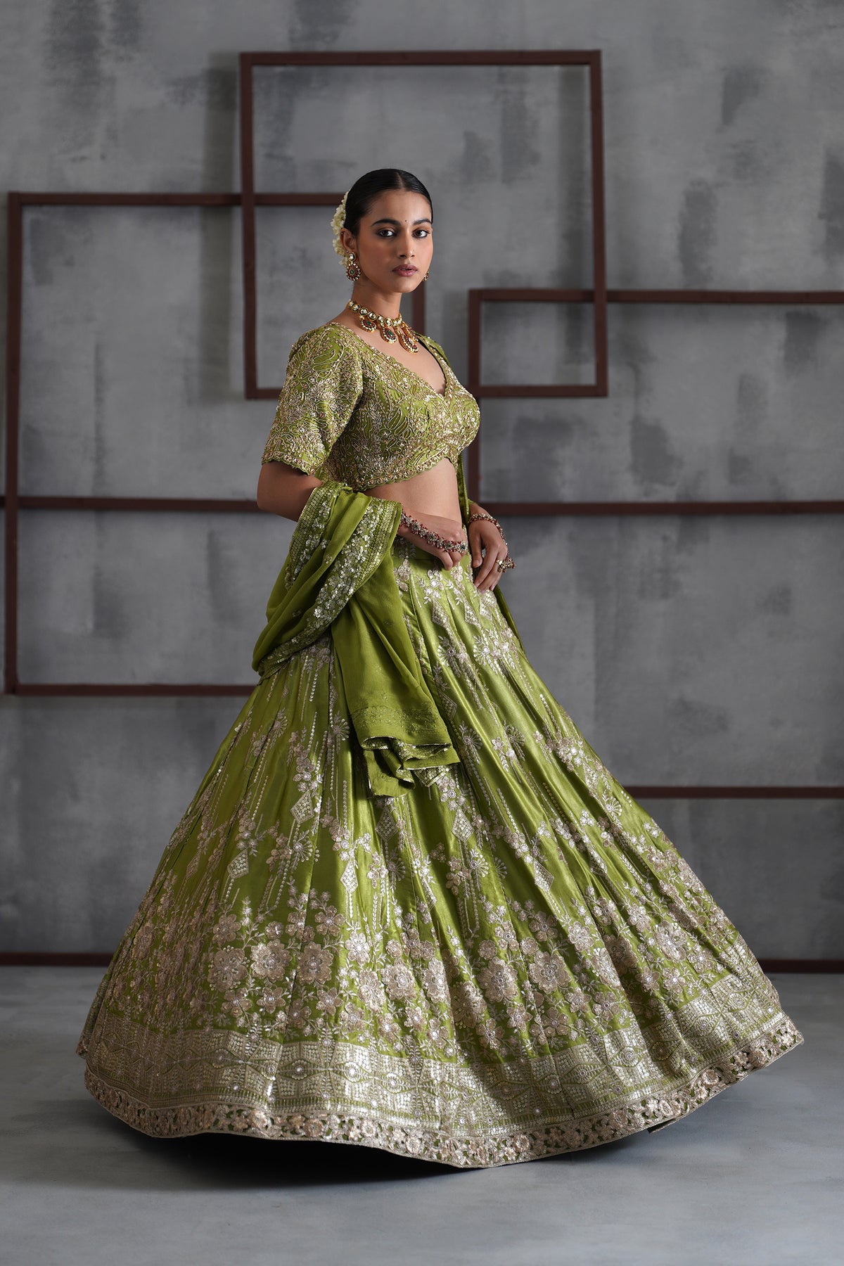 Green Emboidered Blouse, Lehenga And Dupatta