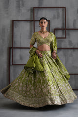 Green Emboidered Blouse, Lehenga And Dupatta