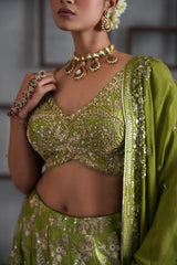 Green Emboidered Blouse, Lehenga And Dupatta