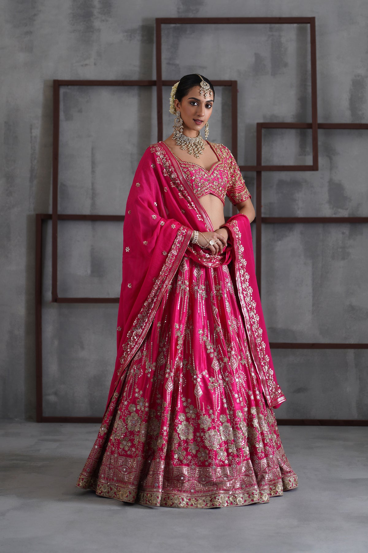 Fuchshia Embroidered Blouse, Lehenga And Dupatta