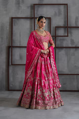 Fuchshia Embroidered Blouse, Lehenga And Dupatta