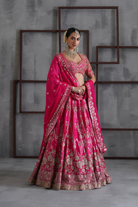 Fuchshia Embroidered Blouse, Lehenga And Dupatta