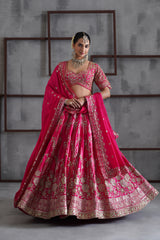 Fuchshia Embroidered Blouse, Lehenga And Dupatta
