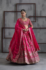 Fuchshia Embroidered Blouse, Lehenga And Dupatta