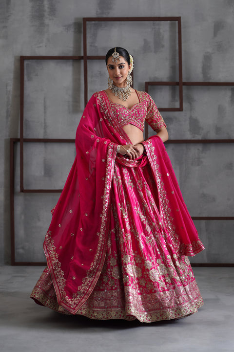 Fuchshia Embroidered Blouse, Lehenga And Dupatta
