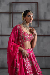 Fuchshia Embroidered Blouse, Lehenga And Dupatta