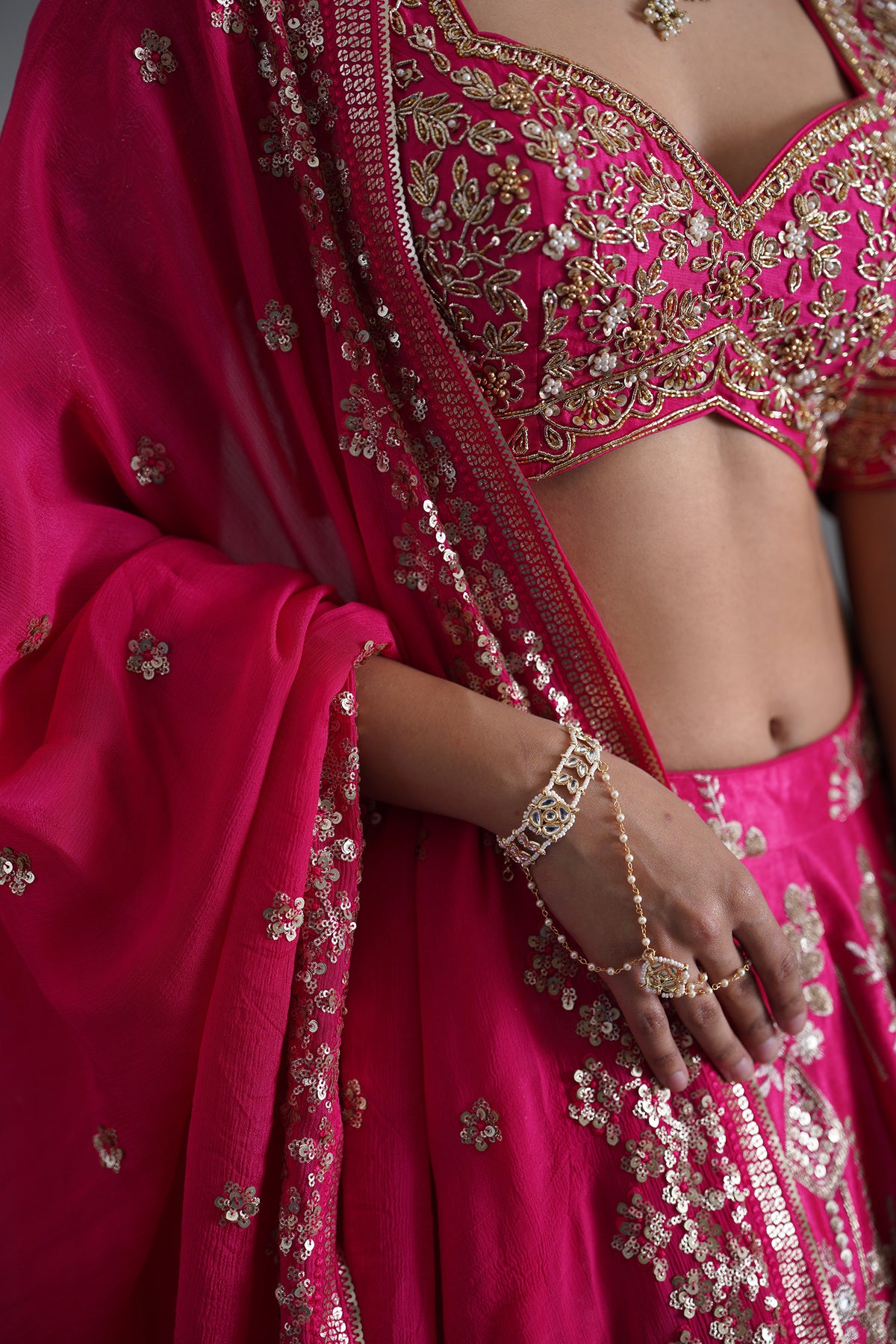 Fuchshia Embroidered Blouse, Lehenga And Dupatta