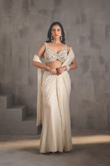 Ivory Embroidered Blouse And Stitched Draped Saree
