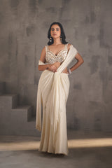 Ivory Embroidered Blouse And Stitched Draped Saree