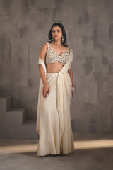 Ivory Embroidered Blouse And Stitched Draped Saree