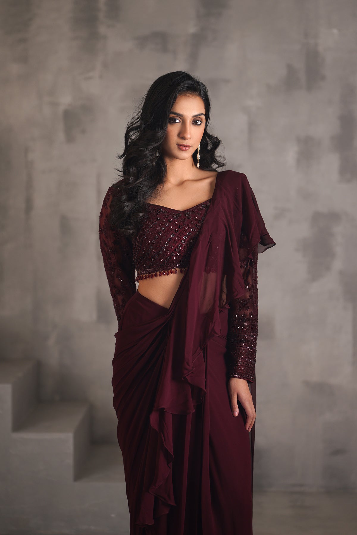 Wine Embroidered Blouse And Draped Ruffle Saree