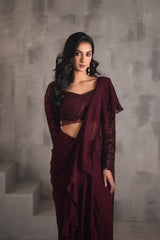 Wine Embroidered Blouse And Draped Ruffle Saree