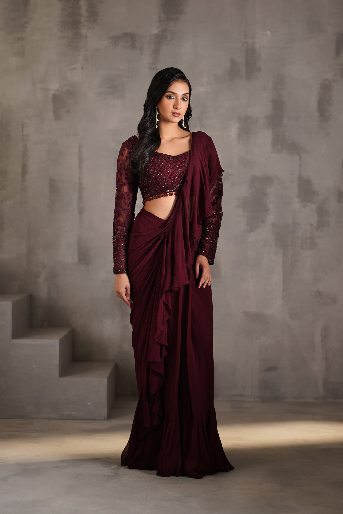 Wine Embroidered Blouse And Draped Ruffle Saree