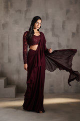 Wine Embroidered Blouse And Draped Ruffle Saree