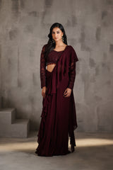Wine Embroidered Blouse And Draped Ruffle Saree