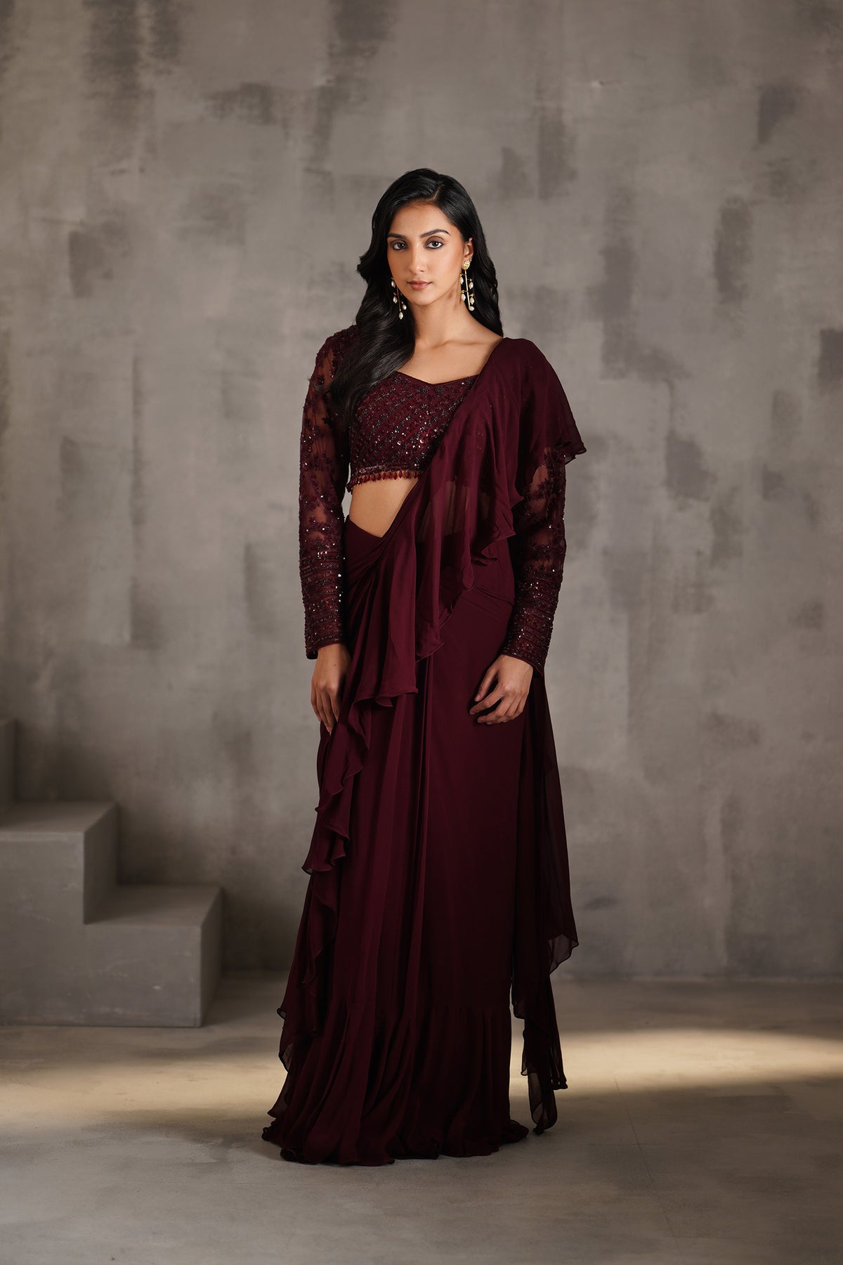 Wine Embroidered Blouse And Draped Ruffle Saree