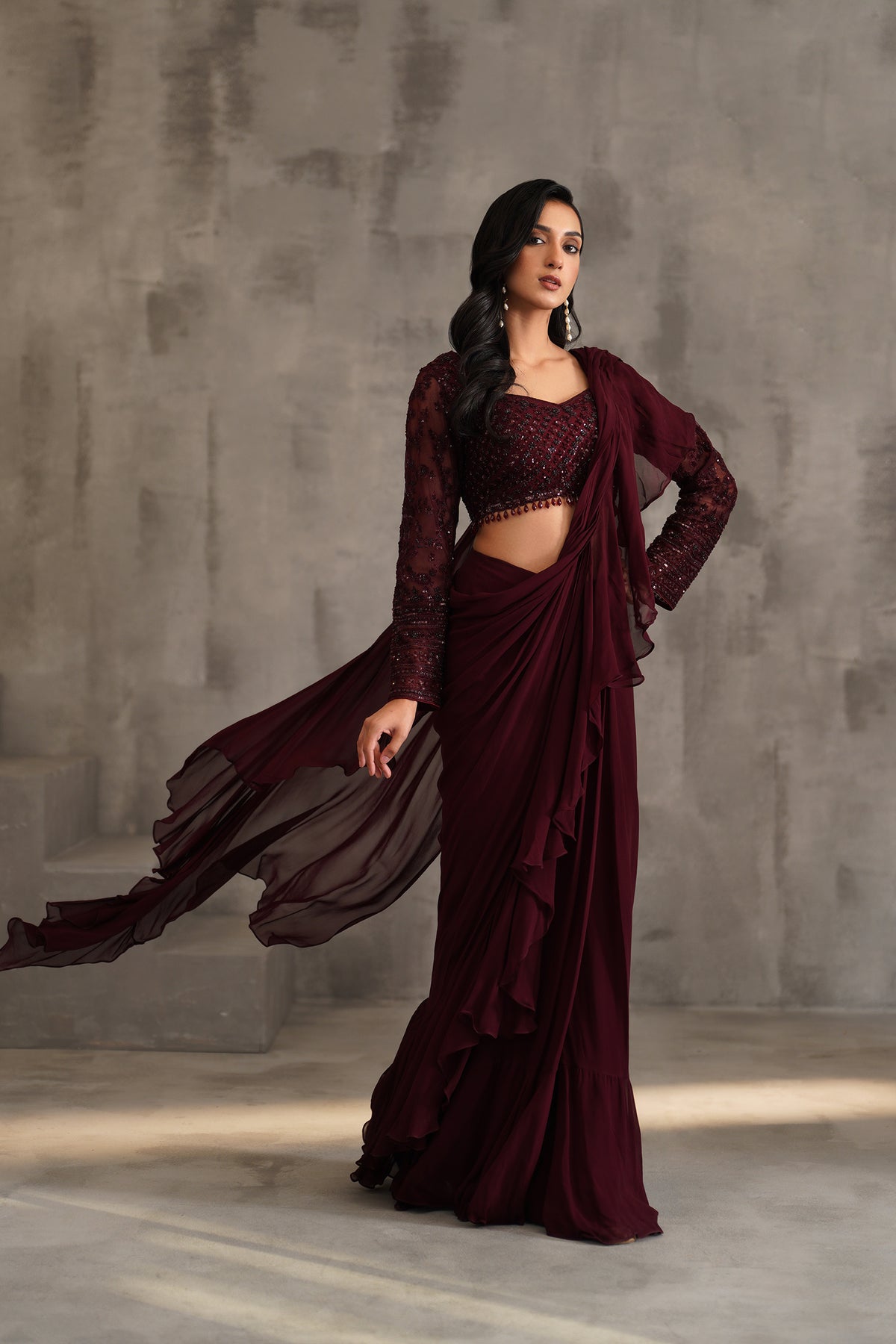 Wine Embroidered Blouse And Draped Ruffle Saree