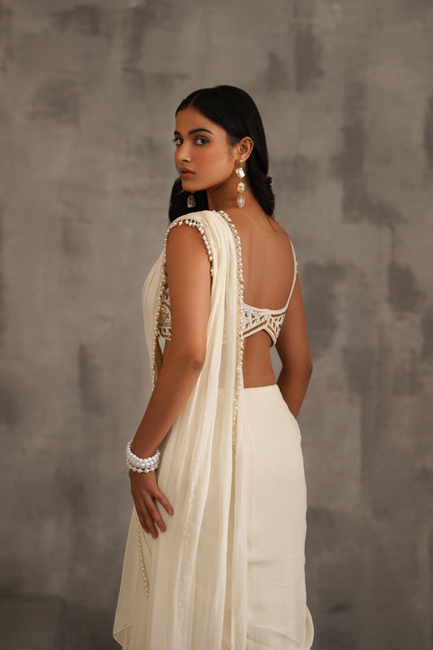 Ivory Embroidered Blouse And Stitched Draped Saree