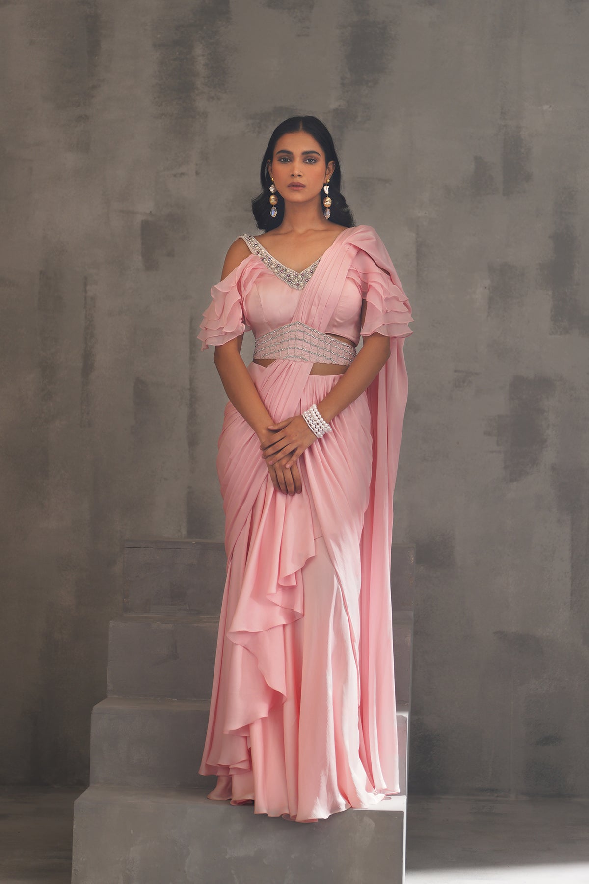 Baby Pink Embroidered Blouse And Draped Saree