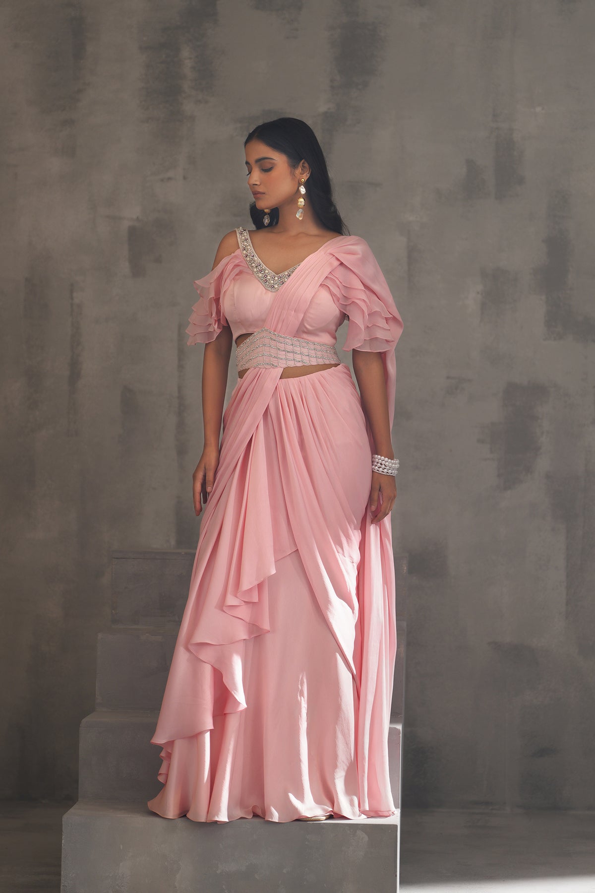 Baby Pink Embroidered Blouse And Draped Saree