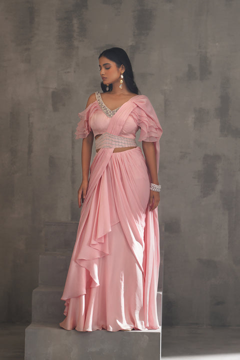 Baby Pink Embroidered Blouse And Draped Saree