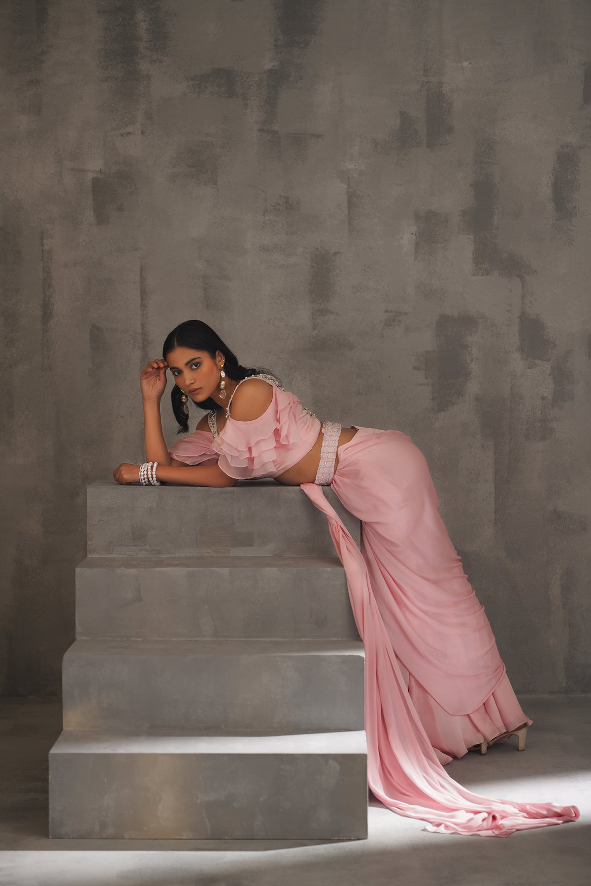 Baby Pink Embroidered Blouse And Draped Saree