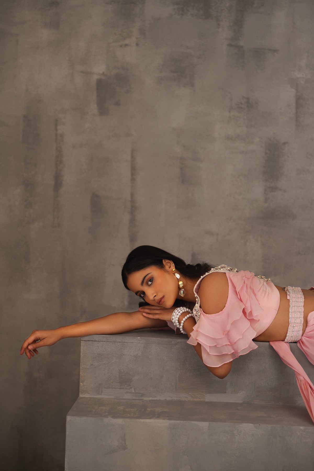 Baby Pink Embroidered Blouse And Draped Saree