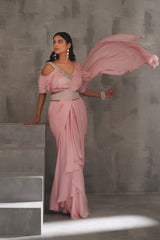 Baby Pink Embroidered Blouse And Draped Saree