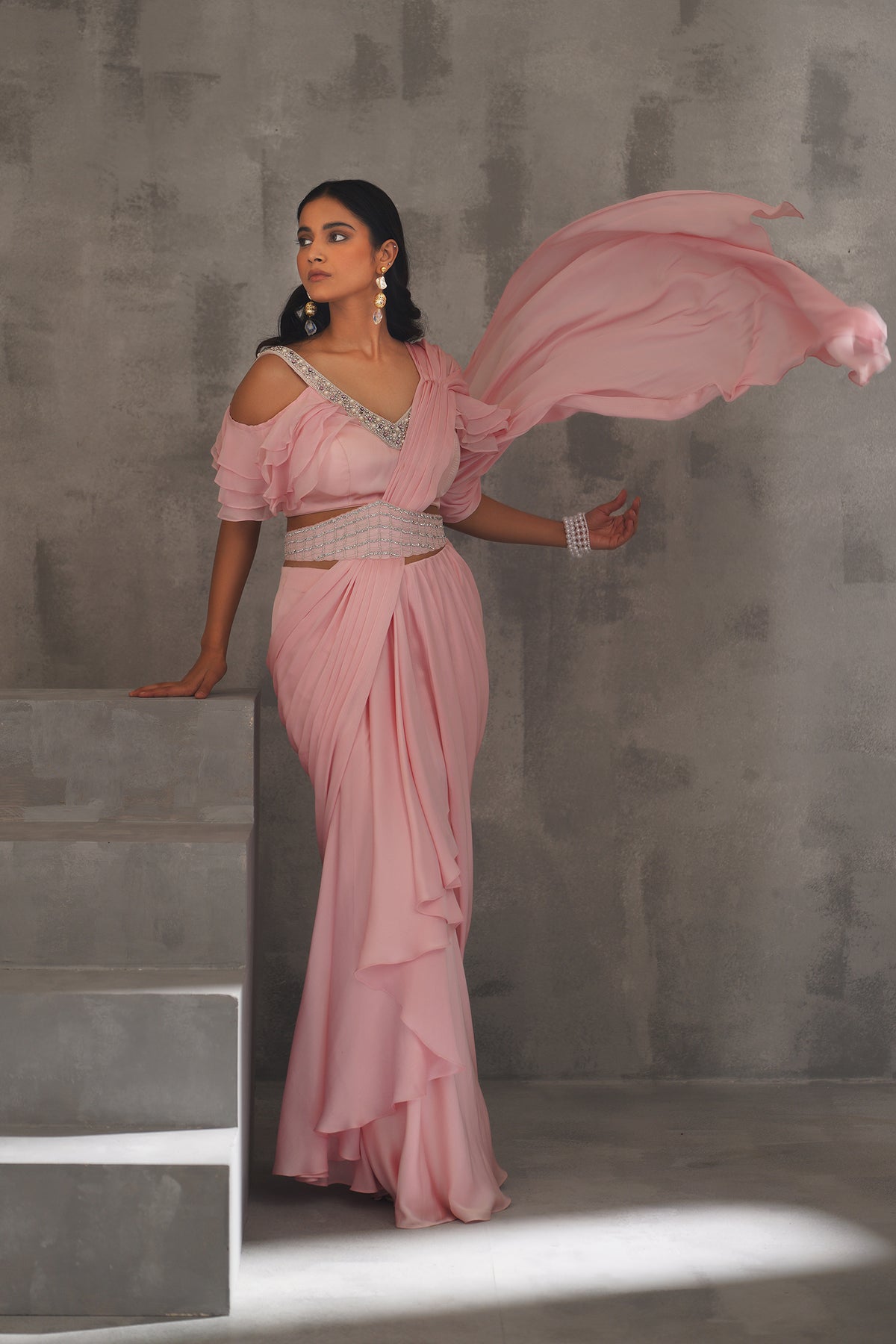 Baby Pink Embroidered Blouse And Draped Saree