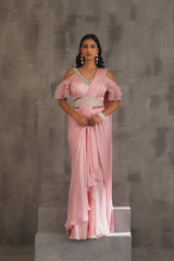 Baby Pink Embroidered Blouse And Draped Saree